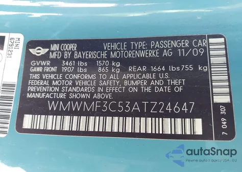 2010 Mini Cooper z USA, uszkodzony, nr VIN WMWMF3C53ATZ24647